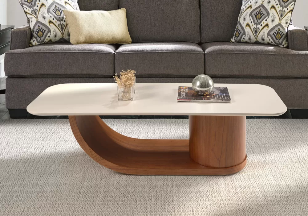 Mesa de Centro Serena – Sofisticação e Design com Base Curva em Madeira